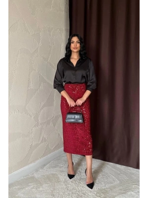 Bordo Pulpayetli Parlak Etek