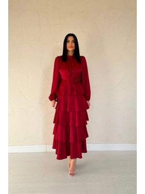 Bordo Saten Büzgülü Kat Kat Elbise