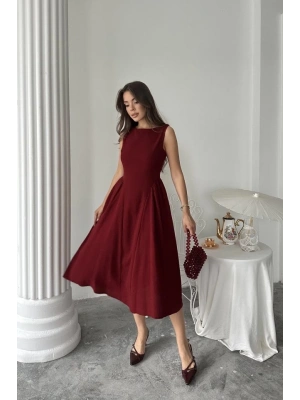 Bordo Yanları Büzgülü idi Boy Keten Elbise