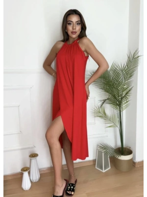 Boyun Askılı Eteği Kruvaze Kesim Viskon Kumaş Elbise