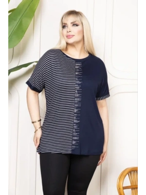 Büyük Beden Taş Detaylı Çizgili Viskon Tişört Bisiklet Yaka Rahat Kesim  acivert