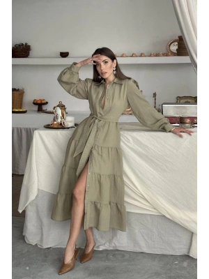 Çağla Çizgi Desenli Uzun Elbise