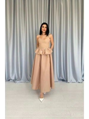 Camel Beli Büzgülü İnci Askılı Uzun Elbise