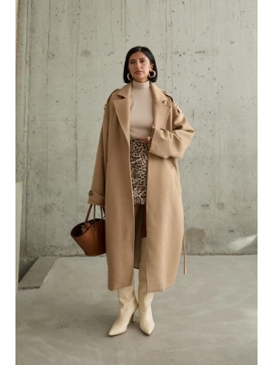 Camel Uzun Kaşe Kemerli Kaban