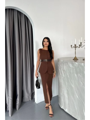 CEKETETEK GÖRÜNÜLÜ ELBİSEÇİFT KEER DETAYLI  Kahverengi