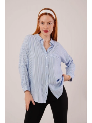 Cep Detay Çizgili Oversize avi Gömlek