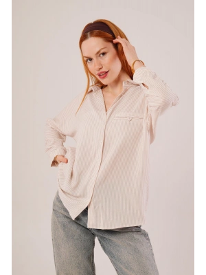 Cep Detay Çizgili Oversize Krem Gömlek