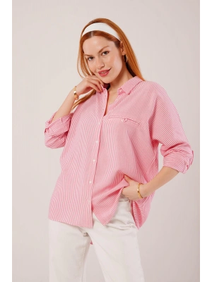 Cep Detay Çizgili Oversize Pembe Gömlek