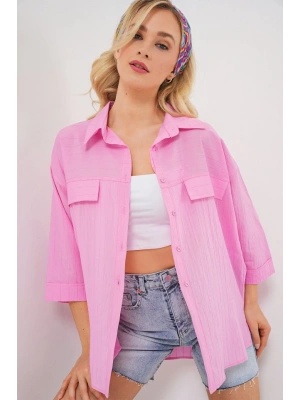Cep Detaylı Kısa Kol Gömlek 20317  Pembe