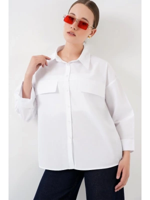Cep Detaylı Oversize Gömlek 20313  Beyaz