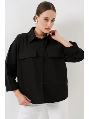 Cep Detaylı Oversize Gömlek 20313  Siyah