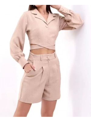 Cepli Şort Ve Crop Takım  Bej