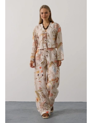 Çiçek Desen Önü Bağlamalı Pantolon Takım  Taş