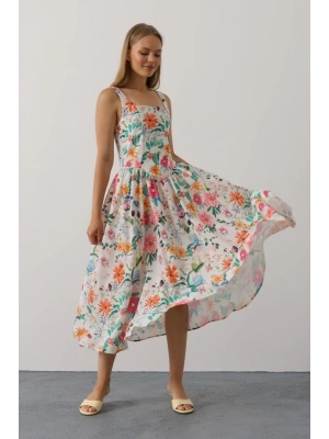 Çiçek Desenli Askılı Elbise  Pembe Çiçek