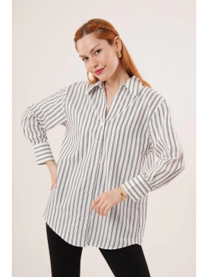 Çift Çizgi Geçişli Düğmeli Gri Gömlek