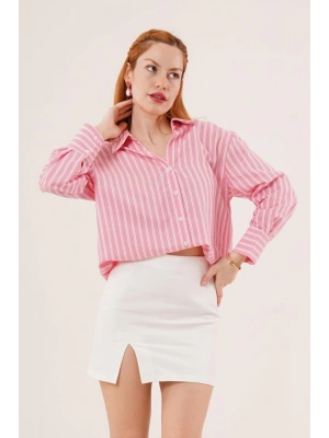 Çift Çizgi Geçişli Düğmeli Pembe Gömlek