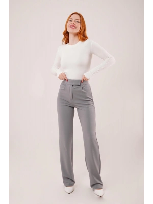 Cırt Kapama Detaylı Gri Pantolon