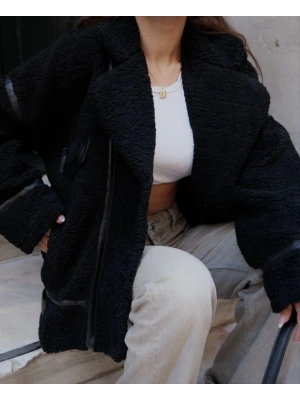 Cıt Cıt Detaylı Peluş Mont Ceket  iyah