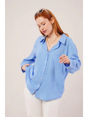 Çizgi Detaylı Cepli Mavi Gömlek