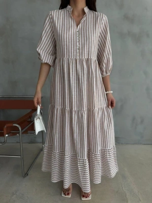 ÇİZGİİ KETEN HAKİ YAKA DÜĞEİ AAŞ EBİE  Kahverengi