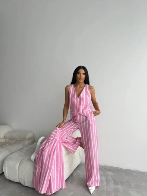 ÇİZGİLİ KETEN YELEKPANTOLON TAKIM  Pembe