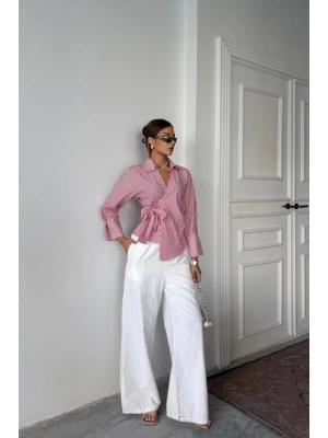 ÇİZGİLİ POPLİN KRUVAZE BAĞLAMALI GÖMLEK  Kırmızı