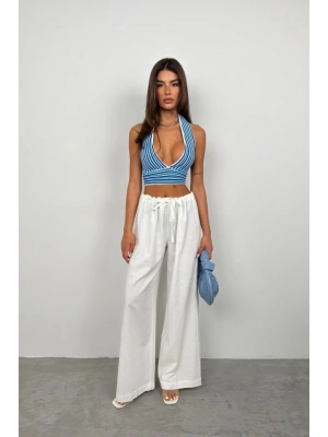 Çizgili Boyun Bağlamalı Crop