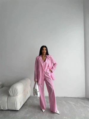 ÇİZGİLİ CEKET KETEN  Pembe