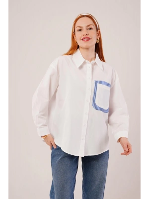 Çizgili Cep Detaylı Beyaz Gömlek