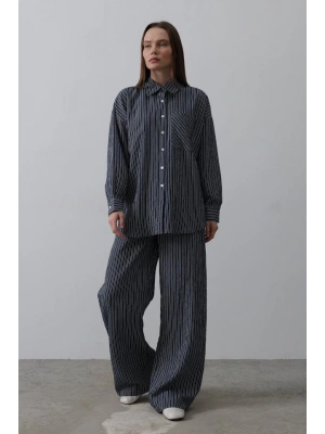 Çizgili Cep Detaylı Oversize Takım  acivert