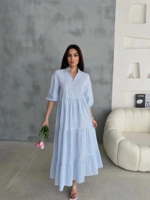 ÇİZGİLİ KETEN HAKİM YAKA DÜĞMELİ ALAŞ ELBİE  Mavi