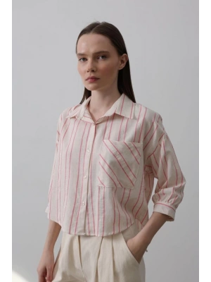 Çizgili Kısa Gömlek  Bej Pembe