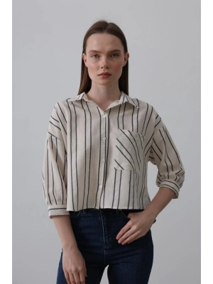 Çizgili Kısa Gömlek  Bejacivert