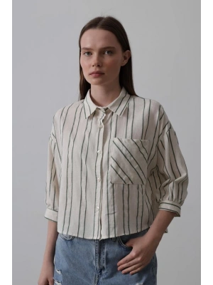 Çizgili Kısa Gömlek  BejYeşil