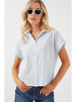 Çizgili Kısa Kol Gömlek 20324  Açık Mavi
