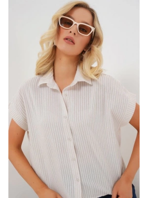Çizgili Kısa Kol Gömlek 20324  Krem
