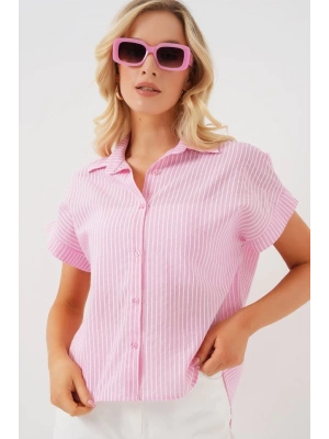 Çizgili Kısa Kol Gömlek 20324  Pembe