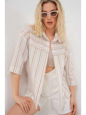 Çizgili Kısa Kol Gömlek 20344  Krem