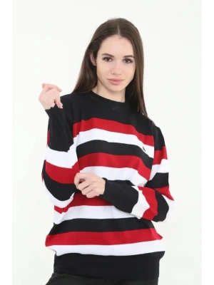 Çizgili Nakışlı Kazak  Siyah