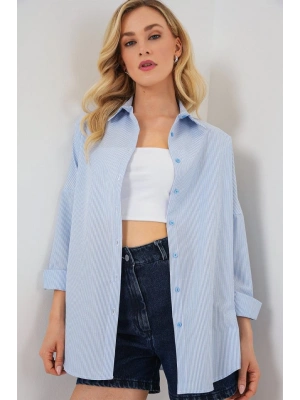 Çizgili Oversize Gömlek 20332  Açık Mavi