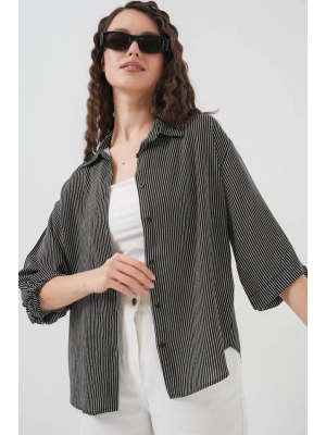 Çizgili Oversize Kısa Kol Gömlek 20296  Siyah