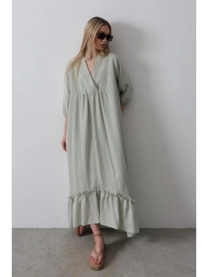 Çizgili Oversize V Yaka Elbise  Haki