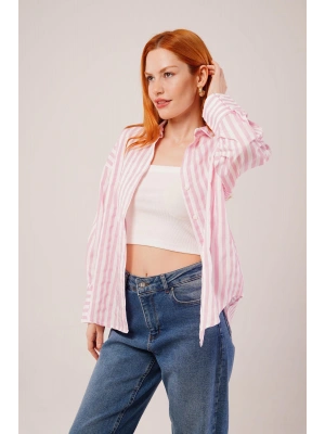 Çizgili Rahat Kesim Pembe Gömlek