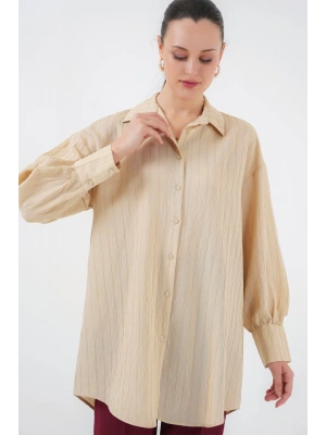 Çizgili Uzun Gömlek Tunik 5963  Bej