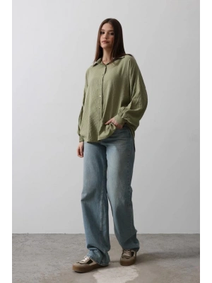 Çizgili Uzun Kol Gömlek  Haki