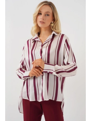 Çizgili Uzun Saten Gömlek 20291  Bordo