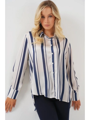 Çizgili Uzun Saten Gömlek 20291  Lacivert