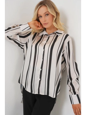 Çizgili Uzun Saten Gömlek 20291  Siyah