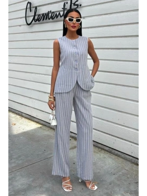 Çizgili Viscon Keten Yelekli Rahat Takım 10121