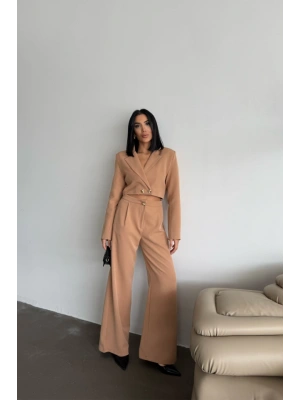 CROP CEKET  PANTOON TAKI GOD DÜĞE DETAYI  Kahverengi